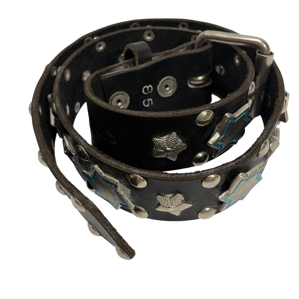VTG Nomad  Y2K Black Leather Studded Star Belt Silver Enamel Punk Rock Grunge 85